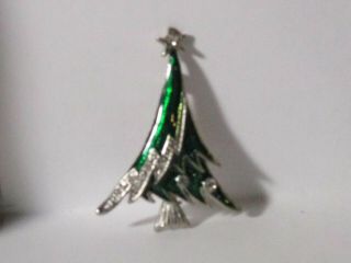 Vintage Silver - Tone Metal Rhinestone Green Enamel Christmas Tree Pin Brooch 2