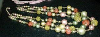 vintage 1960 ' s 3 strand bead collar necklace Japan coral citron pink 4