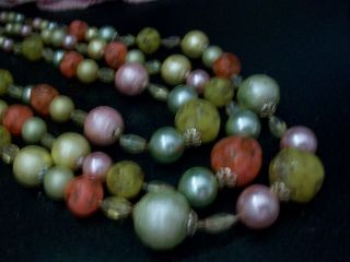 vintage 1960 ' s 3 strand bead collar necklace Japan coral citron pink 5