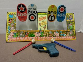 Vintage Ohio Art Carnival Shooting Gallery Tin Litho With Toy Gun And Darts
