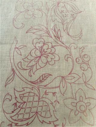 Elegant Jacobean Floral Vintage Fabric Linen Stamped For Hand Crewel Embroidery