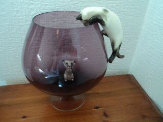 Vintage Kitsch C1960s Large Cat Mouse Ornament Set And Large Purple Brandy Glass