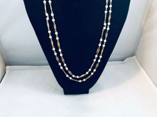 Vtg.  Crown Trifari Faux Pearl & Gold Tone Filigree 2 - Chain Necklace