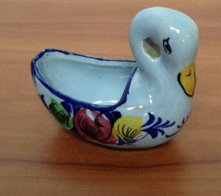 Vintage Pottery Hand Painted Swan Made In Portugal Multi - Color Flowers Floral