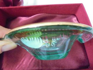 MURANO 24K GOLD GILT GREEN VENETIAN GLASS HAND PAINTED FLORAL DISH 50 ' s VINTAGE 2