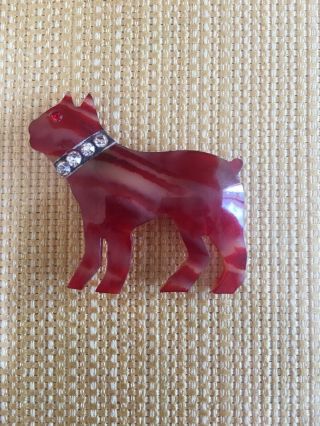 Vintage Plastic Celluloid Pin Brooch Red Cat/rhinestone