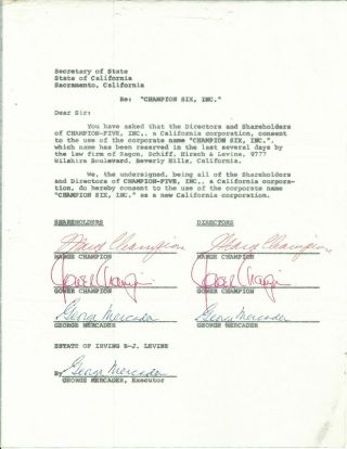 Marge Champion & Gower Champion D.  1980 Vintage Signed Shareholders Agreement