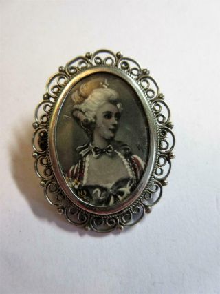 Vintage Italian Silver Hand Painted Portrait Brooch,  Pin Signed Alp