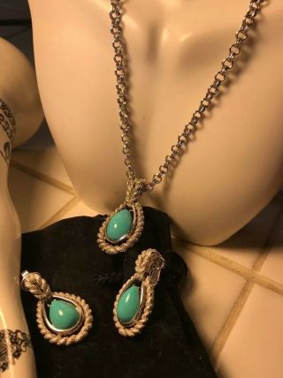Blue Stone Vintage Avon Pendant Necklace With Matching Earrings