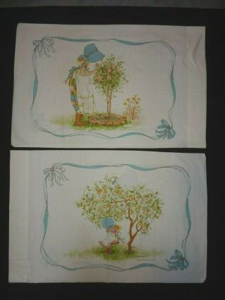 2 Holly Hobbie Pillow Cases Vtg 1976 American Greetings Garden Flower Tree Swing