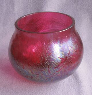 Vintage Loetz Style Bohemian Iridescent Cranberry Heavy Art Glass Bowl 2