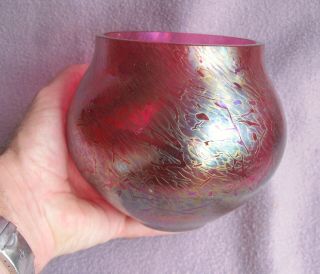 Vintage Loetz Style Bohemian Iridescent Cranberry Heavy Art Glass Bowl 4