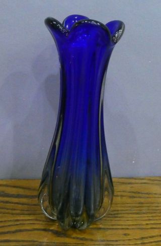 Large 50s 60s Retro Vintage Blue Murano Freeform Art Glass Stem Vase With Pontil