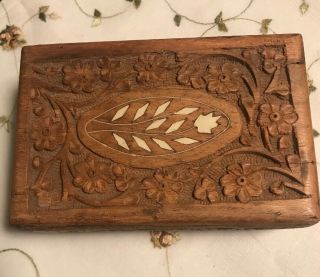 Vintage Hand Carved Wooden Hinged Box With Mother Of Pearl Inlays Made In India