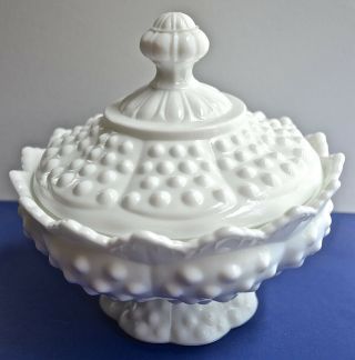 Vintage Fenton Hobnail Milk Glass Covered Compote Candy Dish