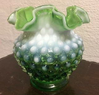 Vintage Fenton Vase Emerald Green With White Hobnail Rose Bowl 4.  5 " Tall