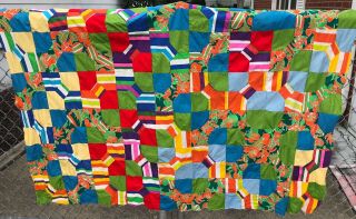 Vintage Unfinished Quilt Top Patchwork Colorful Fabric 77 X 67