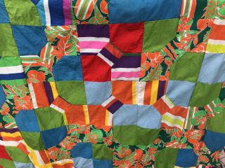 Vintage Unfinished QUILT TOP PATCHWORK COLORFUL Fabric 77 X 67 2