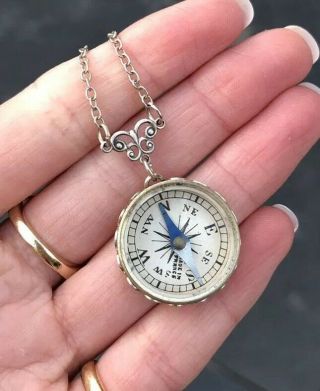 Vintage Compass Necklace Silver Metal On Chain
