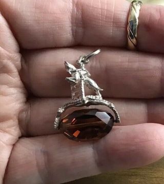 Vintage English Solid Silver & Citrine Horse Jumping Spinning Fob Charm/pendant