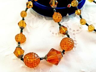 Vintage Elegant Art Deco French Jet Honey Amber Heavy Czech Glass Bead Necklace