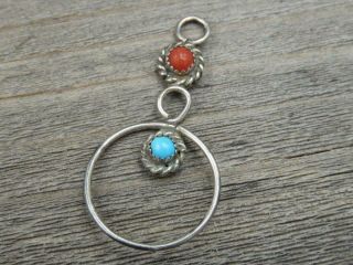 Vintage Navajo Sterling Silver W/ Turquoise And Coral Charm Holder Pendant