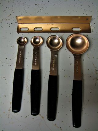 Vintage Anodized Aluminum Copper Hanging Measuring Spoons With Wall Rack