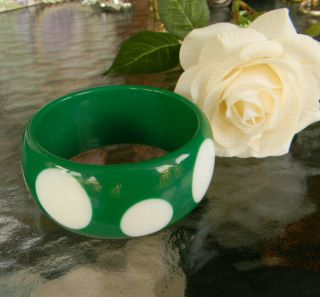 Vintage Green & White Polka Dot Bangle Bracelet Chunky Plastic