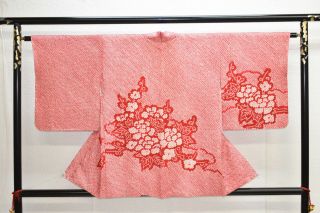 Vintage Silk Kimono Jacket:fully Shibori Red Tree Peony/plum Blossom@yl11