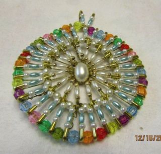 Vintage Safety Pin Art Costume Jewelry Large Medallion Multi Color Pearls,  Beads