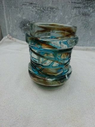 Vintage Mdina Art Glass Michael Harris Vase Overlay Brown And Blue