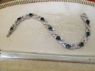 Vintage Sapphire & Clear Rhinestone Art Deco Silver Bracelet Cocktail Bracelet