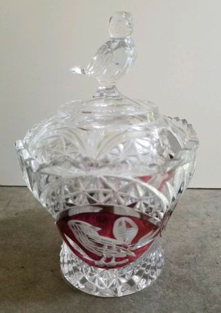 Vintage Hofbauer Ruby Red Byrdes Sugar Jam Jar Lid Bowl German Lead Crystal