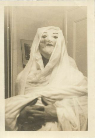 Vintage Photo Creepy Scary Woman Or Girl In Mummy Halloween Costume Face Paint