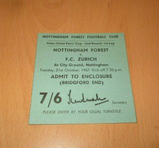 Vintage Football Ticket Stub,  Nottm Forest V Zurich,  1967,  City Ground