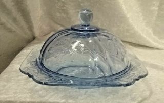 Vintage Light Blue Candy Dish With Lid,  Pattern Glass