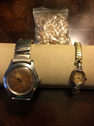 Vintage Bulova 23 Watch Ladies Benrus Mens Pearl Necklace Parts Jewelry Silver