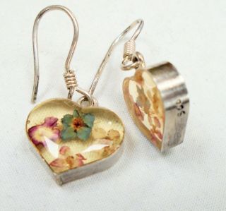 Pair Fine Vintage Sterling Silver & Lucite Flower Design Heart Earrings