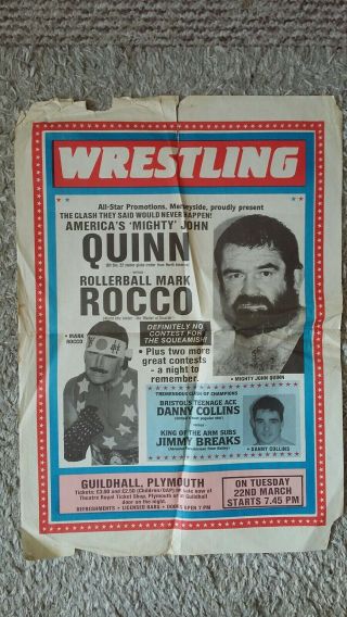 Vintage British Uk Wrestling Poster - Rollerball Rocco,  Danny Collins.  Plymouth.