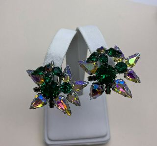 Vintage Jewellery Sparkling Emerald Green/ab Crystal Clip On Earrings