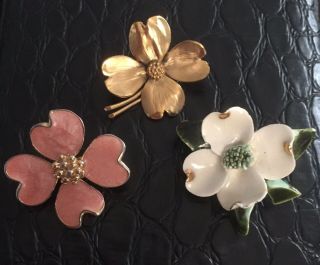 Three Vintage Dogwood Flower Pins.  1 Ceramic,  1 Enamel & 1 Gold - Filled.  Sweet