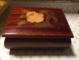 Vintage Italian Inlaid Wood Marquetry Brown Wood Peachy Pink Rose Jewelry Box