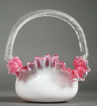 Vintage Pink & White Art Glass Handled Basket With Ruffle Top