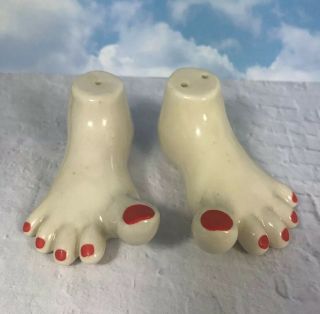 Vintage Porcelain Foot Shaped Salt & Pepper Shakers Red Nails No Stoppers 3q