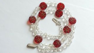 Czech Vintage Art Deco Engraved Moon And Stars Glass Bead Necklace 2