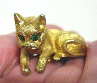 Gold Rhinestone Cat Pin 3 Dimensional Adorable Vintage Piece