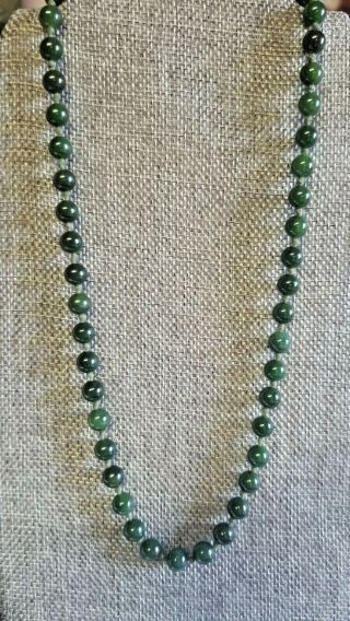 Vintage Asian Estate Dark Green Jade Bead Necklace 20 " Goldtone Clasp 1960s