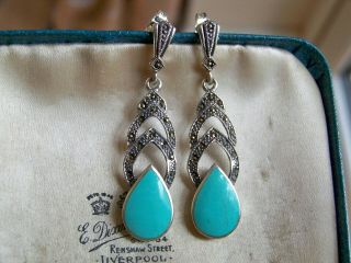 Vintage 925 Sterling Silver Jewellery Art Deco Marcasite & Turquoise Earrings