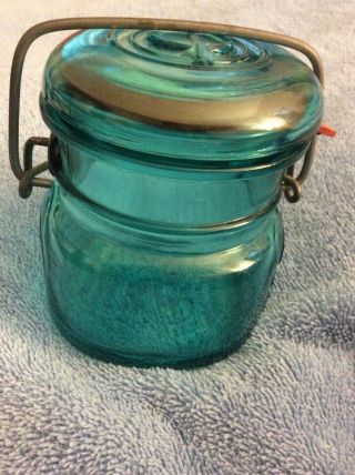 Vintage 1977 Ball Ideal Wire Glass 1/2 Pint Jar - Aqua Blue - Not For Canning -