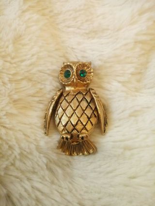 Vintage Vanda Owl Scent Belly Parfum Pin Brooch Goldtone Green Eyes